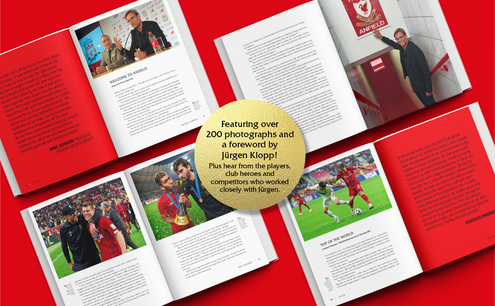 images of four open books, showing picture pages. A gold roundel at the centre