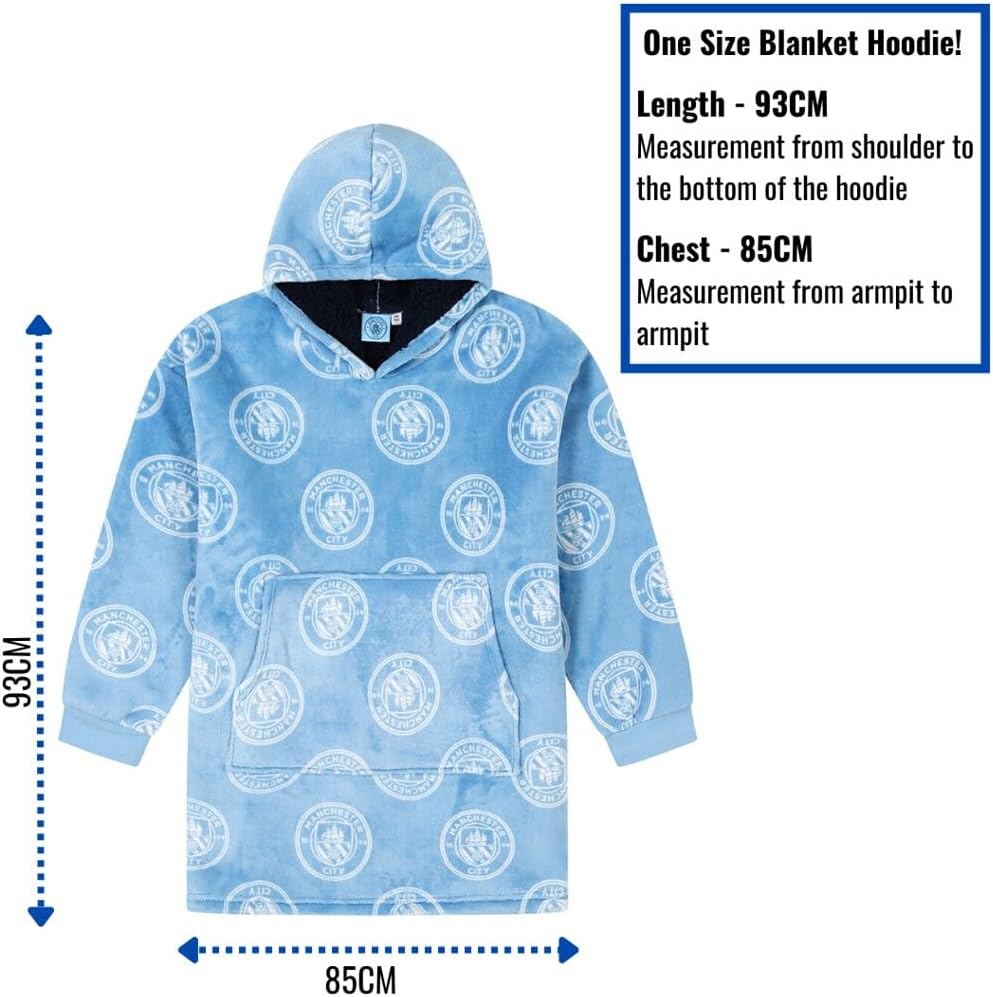 MANCHESTER CITY Football Club Mens Fully Lined Luxury Fleece Hoodie, Oversized Fleece Blanket Hoody Blue - Image 3