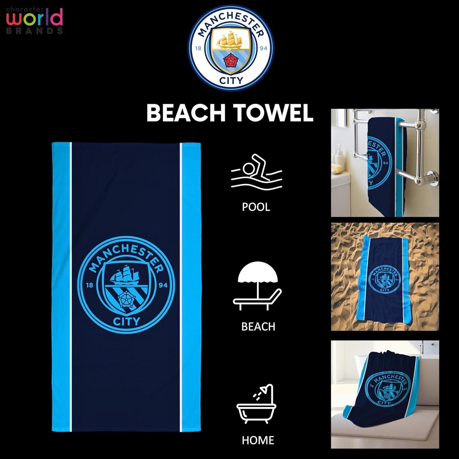 Character World Official Manchester City FC Towel | Super Soft Feel, Badge Football Club Design | Perfect The Home, Bath, Beach & Swimming Pool | One Size 75cm x 150cm | 100% Cotton - Image 2