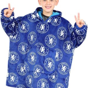 Chelsea Football Club Boys Fully Lined Luxury Fleece Hoodie, Oversized Fleece Blanket Hoody Blue