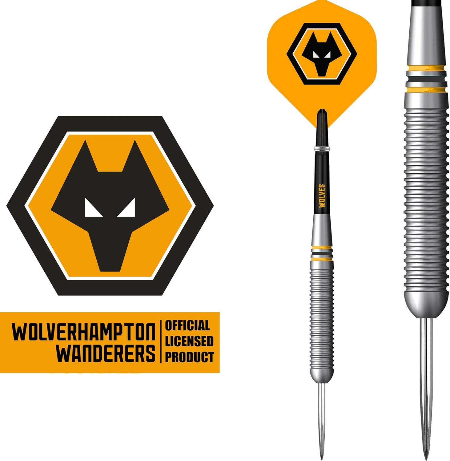 FOCO Officially Licensed Wolverhampton Wanderers Football Club Wolves FC Steel Tip Brass Darts Set, Black, Yellow (D1425) 22g - Image 2