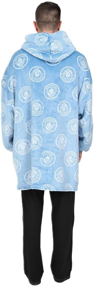 MANCHESTER CITY Football Club Mens Fully Lined Luxury Fleece Hoodie, Oversized Fleece Blanket Hoody Blue