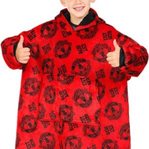 Manchester United Football Club Boys Fully Lined Luxury Fleece Hoodie, Oversized Fleece Blanket Hoody Red