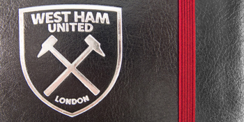 Silver West Ham United crest on black leather look notebook with claret binding
