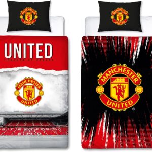 Manchester United FC Official Single Duvet Cover Set, Theatre Design | Red Reversible 2 Sided Football Stadium Bedding Cover Official Merchandise Including Matching Pillow Case