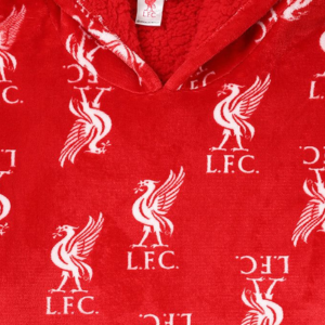 A close up of the hoodie's red and white Liverpool FC Logo print