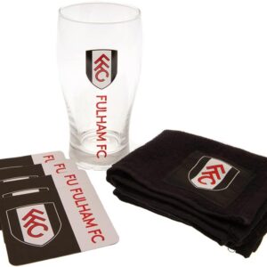 FOCO Fulham FC Mini Bar Set with Tulip Style Pint Glass, Black Text & Club Crest, Includes Bar Towel & Beer Mats, 570ml (1 Pint), Officially Licensed