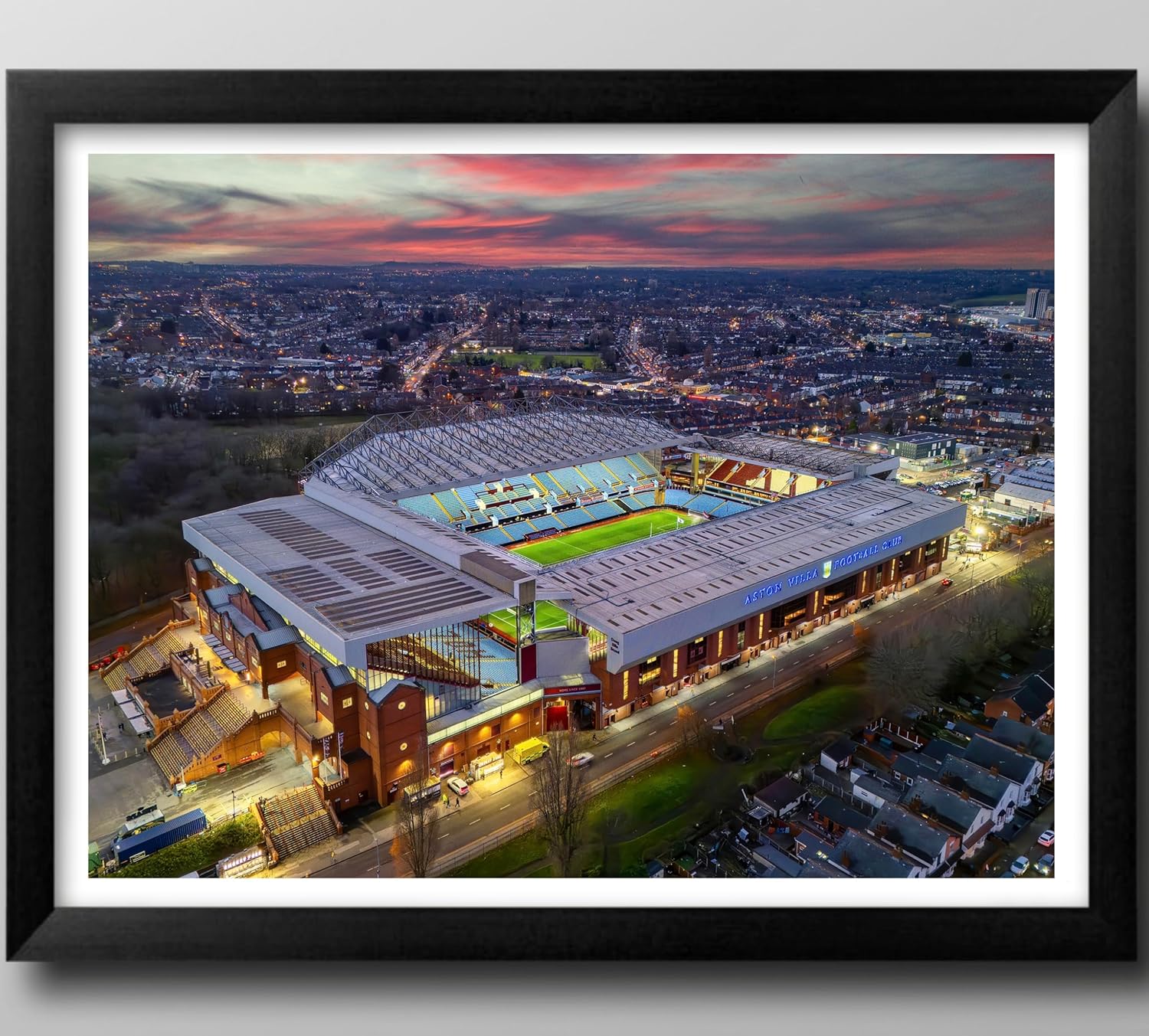 Villa Park Framed Print. Stunning sunset over the West Midlands. Memorabilia, Football Club, The Villans. (Black, 53cm x 43cm, Framed)