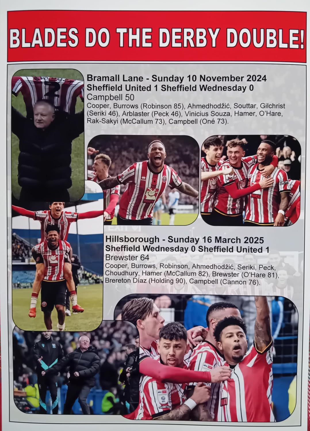 Assorted Sheffield United Championship double over Sheffield Wednesday 2024-25 - souvenir print