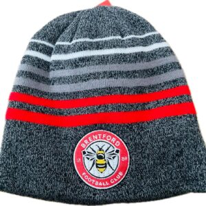 Brentford FC Official Football Beanie Hat, Grey and Red Striped, Reversible