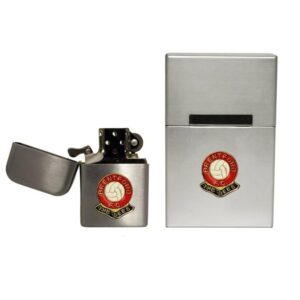 Brentford football club stormproof petrol lighter and metal cigarette packet cover