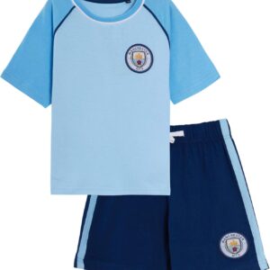 MANCHESTER CITY Kids FC Short Pyjamas Boys Premiership Football Club Kit Shortie PJs Shorts + T-Shirt Set