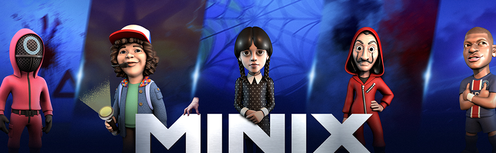 minix figures from squid game, stranger things, wednesday, money heist, and football behind logo