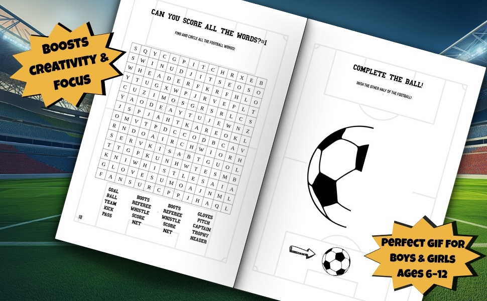 Soccer-themed activity book page showing word search puzzle with soccer ball illustration. Text visible includes 'ACTIVITY FOR KIDS' on orange banner.