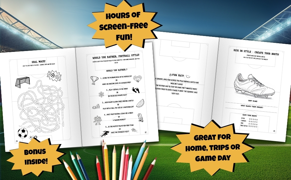 Text reads: 'SCREEN-FREE' and 'BONUS SET'. Activity or worksheet pages shown with pencils, featuring sports-themed illustrations and writing prompts.