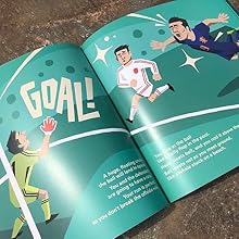 Text reads 'GOAL!' Illustrated sequence showing animated figure kicking soccer ball across multiple turquoise-colored panels with star decorative elements.