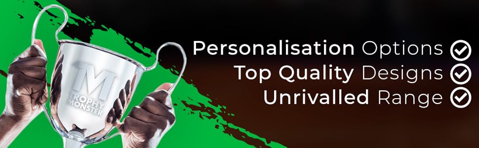 Three silver trophies on a green background. Text highlights personalization options, top quality designs, and unrivalled range for customizable awards.