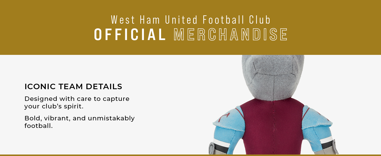West Ham United Football Club official merchandise banner with text overlay and partial view of sports-related product.