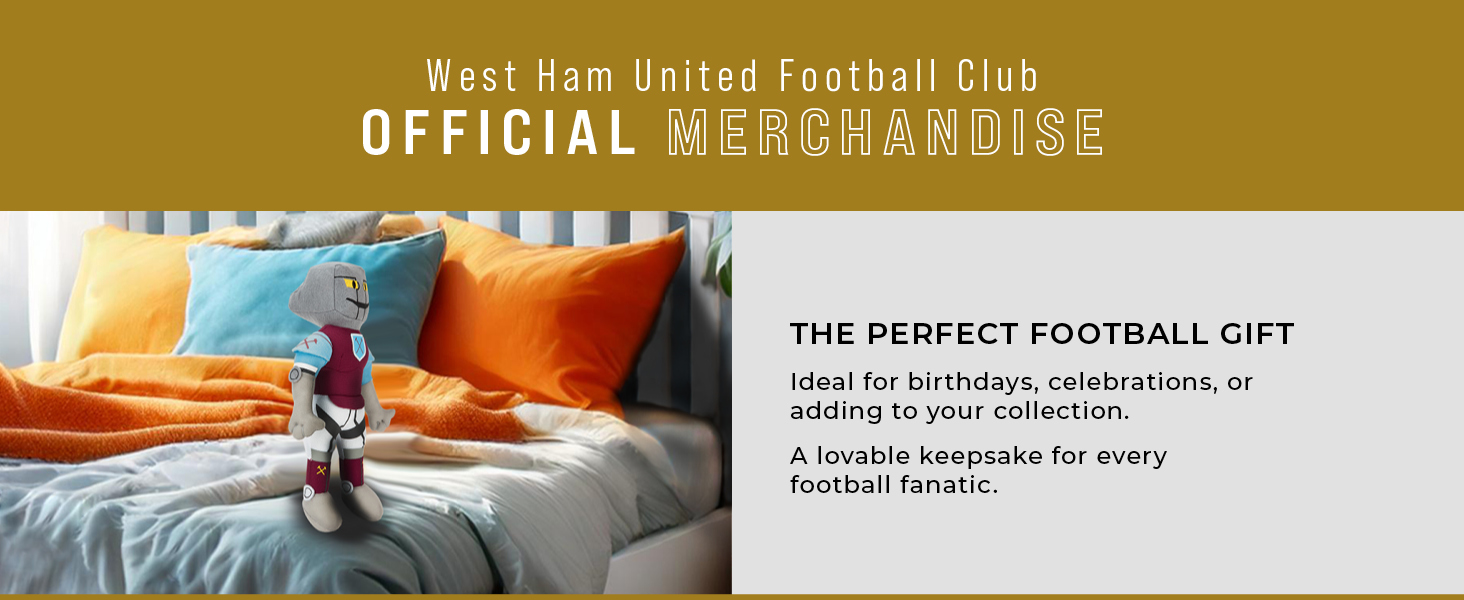 West Ham United Football Club official merchandise banner in gold and white, with text about perfect football gifts.