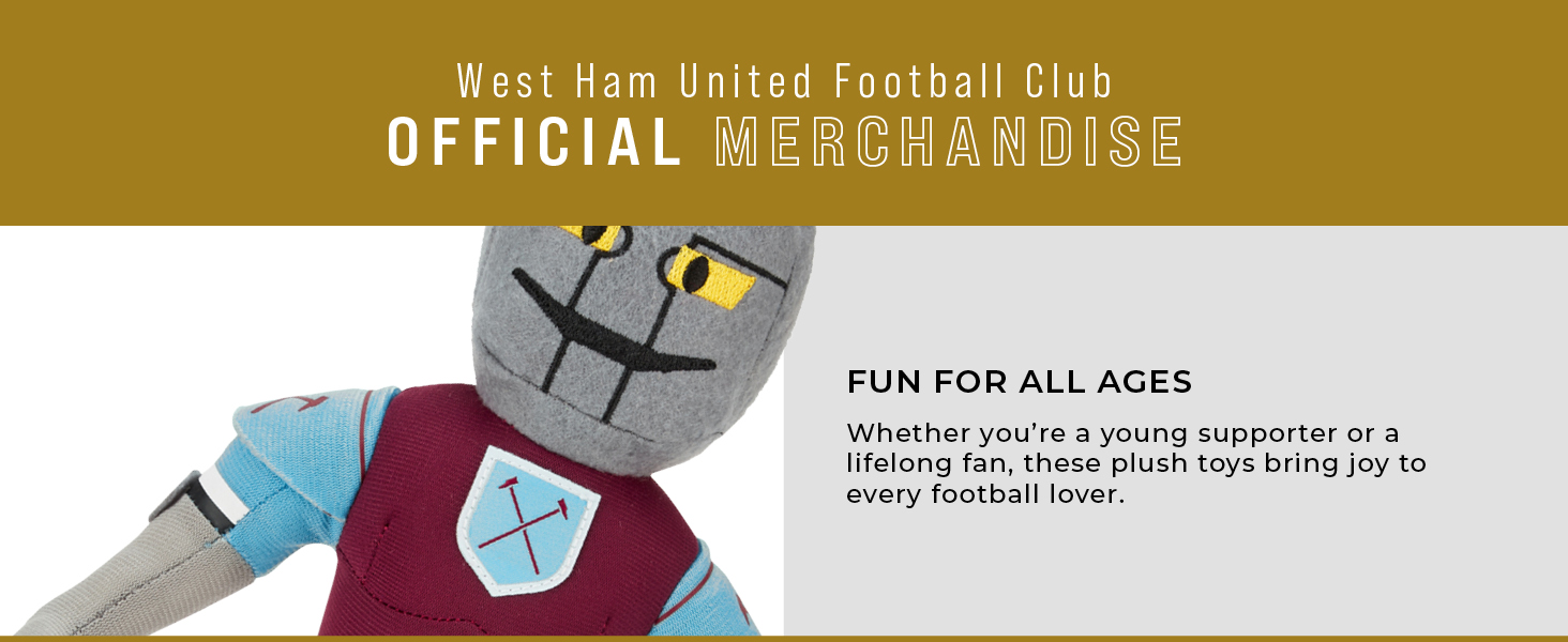 West Ham United Football Club plush toy mascot with grey head and claret-and-blue uniform, advertised as fun merchandise for all ages.