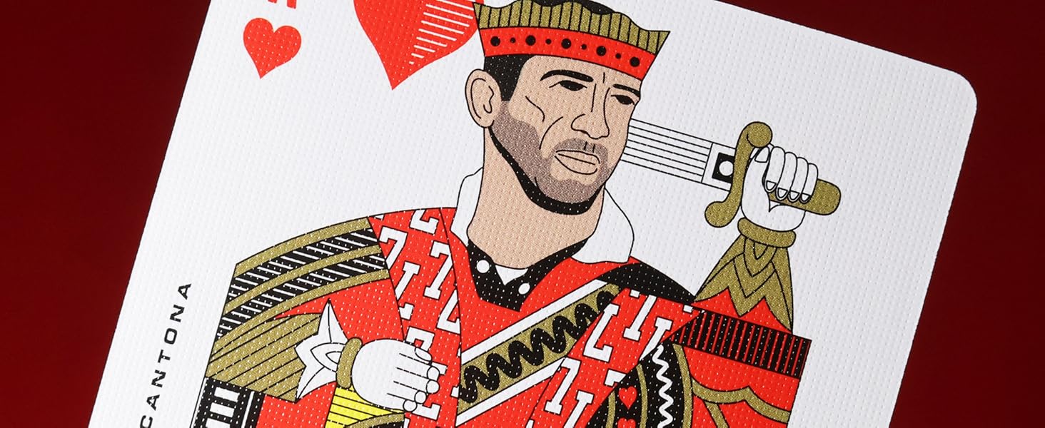 King of Hearts playing card featuring a stylized illustration of a man in red and gold holding a sword.