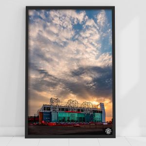 Beautiful Game Manchester United Print - Old Trafford Sunset Design Man Utd Wall Art Poster (A4, Framed - Beech Wood)