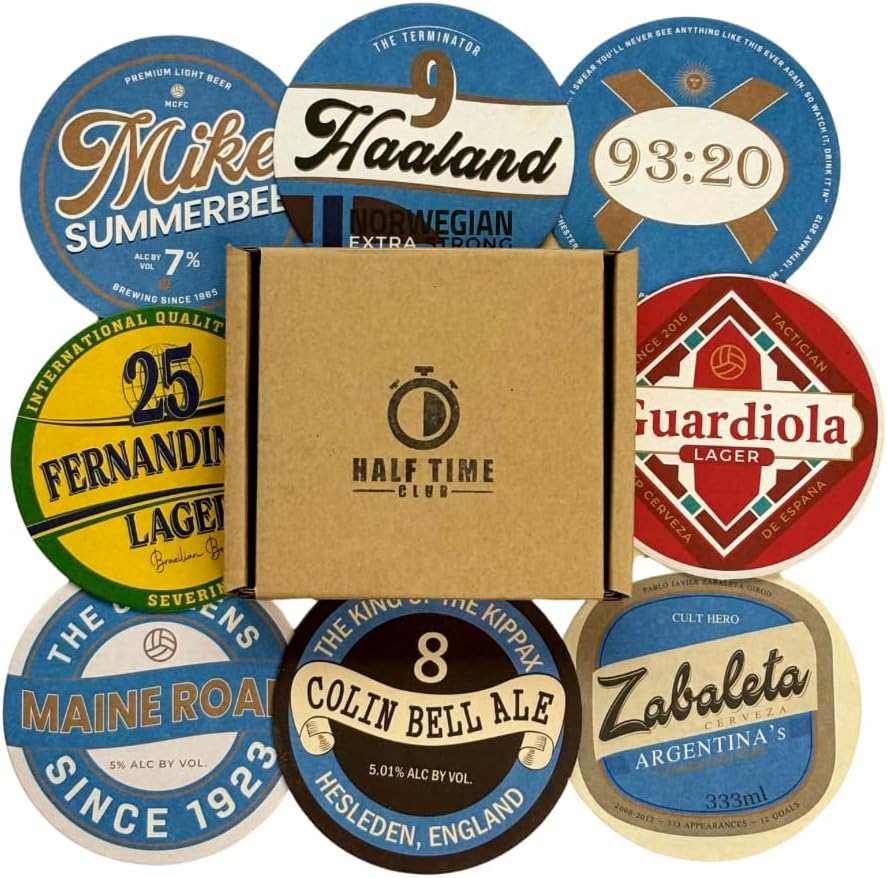 Man City Beer Mats 2nd Edition – Set of 8 Football Coasters for Men or Women – Unique Man City Gifts – MCFC Memorabilia – Gift Boxed Drink Coasters for Beer or Coffee – Football Fan Gift Idea