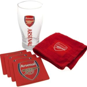 Arsenal FC Official Wordmark Mini Football Bar Set (Pint Glass, Towel & Beer Mats) (One Size) (Red)