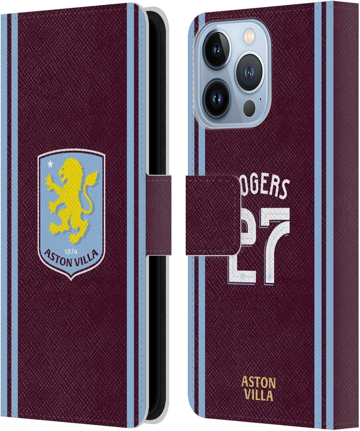 Head Case Designs Officially Licensed Aston Villa Football Club Morgan Rogers 2024/25 Crest Player Kit Leather Book Wallet Case Cover Compatible With Apple iPhone 13 Pro