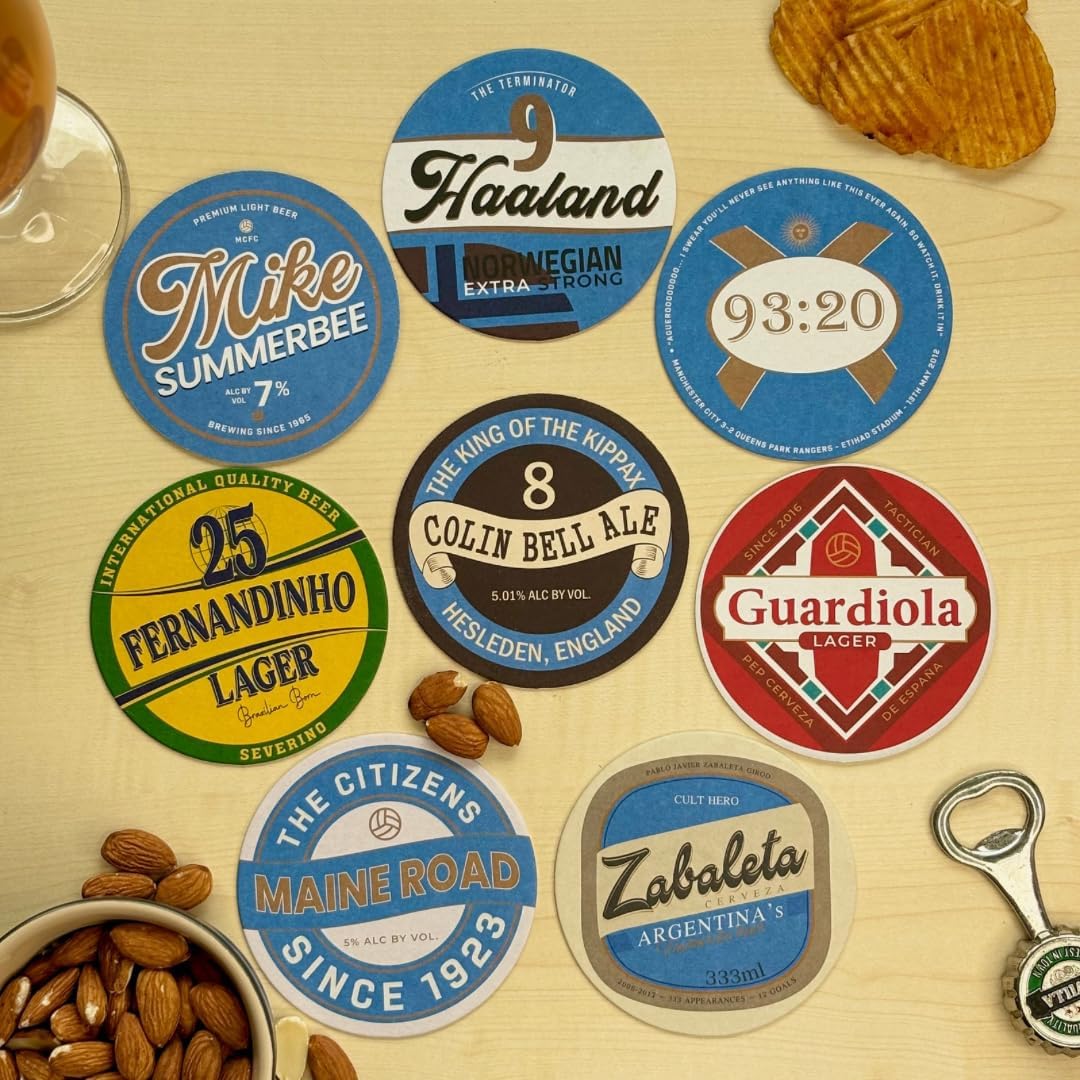 Man City Beer Mats 2nd Edition – Set of 8 Football Coasters for Men or Women – Unique Man City Gifts – MCFC Memorabilia – Gift Boxed Drink Coasters for Beer or Coffee – Football Fan Gift Idea - Image 2