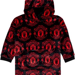Manchester United FC Reversible Fleece Hoodie For Kids | Boys Oversized Hooded Lounge Gown | Soft Fleece Blanket | Sherpa Hood Lining | Man Utd Gift For Boys | One Size Fits All Age 7-13 Years Red
