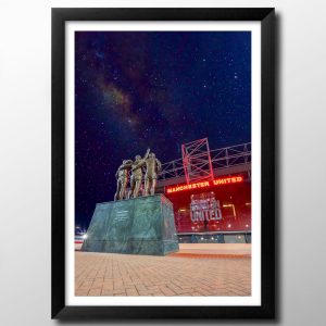Manchester United Gifts, Old Trafford Stadium. Trinity Statue. Framed Print, Poster, Wall Art, Football Club Memorabilia. (Black Frame, 43cm x 33cm)