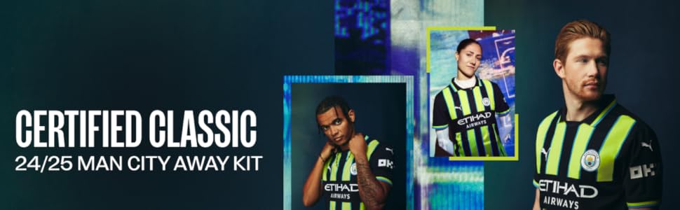 Soccer jersey in bright yellow and black stripes with 'CERTIFIED CLASSIC 24/25 MAN CITY AWAY KIT' text. Multiple views of the jersey on different individuals.