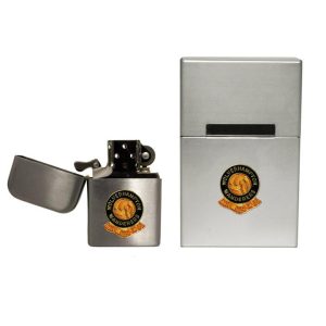Wolverhampton Wanderers football club stormproof petrol lighter and metal cigarette packet cover