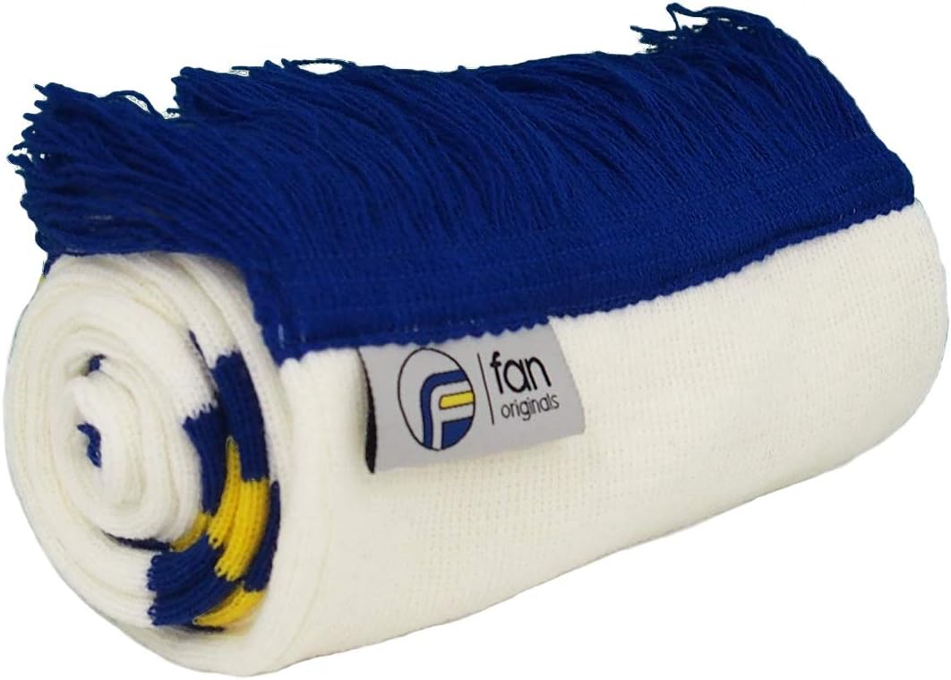fanoriginals Retro Football Bar Scarf in Leeds Colours White Blue Yellow - Image 2