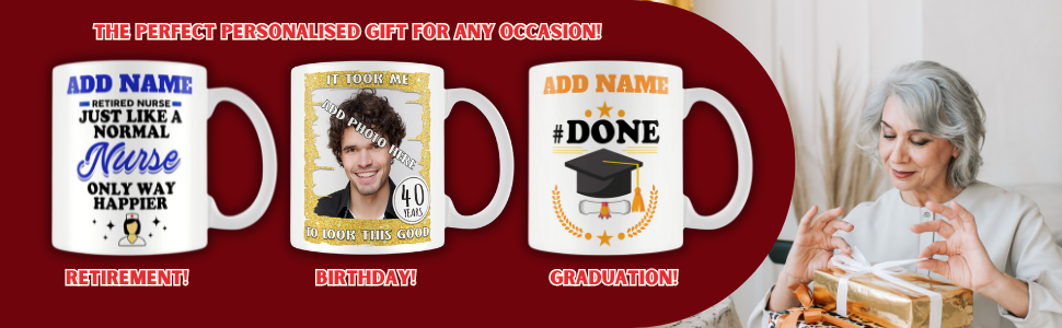 Three white ceramic mugs displaying customizable graduation and nurse-themed designs with 'Add Name' text fields.