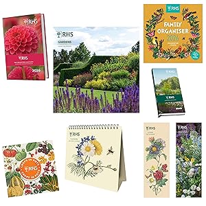 Collection of garden and nature-themed books, calendars, and planners featuring floral designs and botanical illustrations.