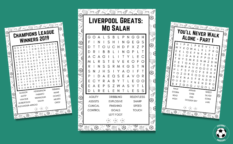 Puzzles include Liverpool Greats, Champions League Winners 2019 and YNWA lyrics.