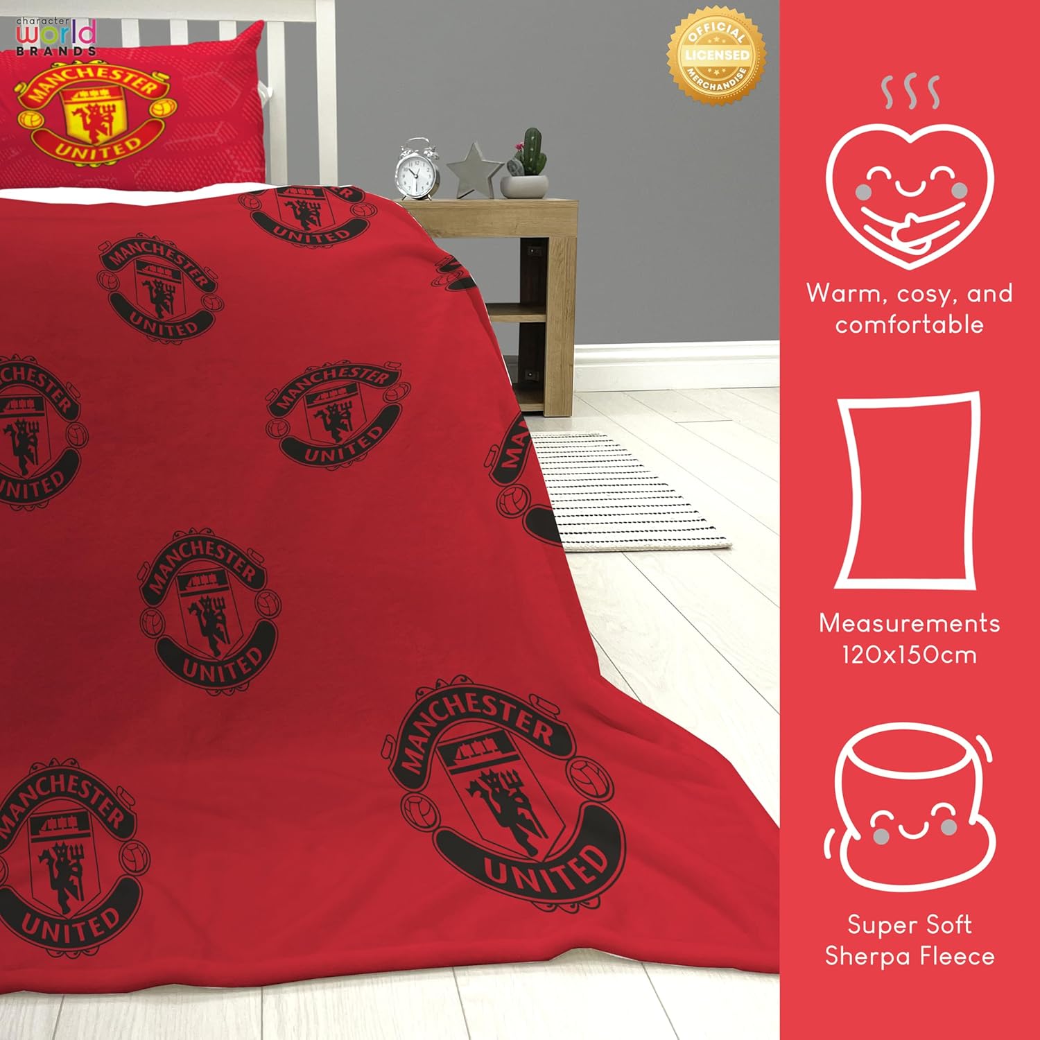 Manchester United FC Character World Official Fleece Blanket | Super Soft Warm Throw with Sherpa Reverse, Football Team Design | Perfect For Home, Bedroom, Sleepovers & Camping | Size 120 x 150cm - Image 5
