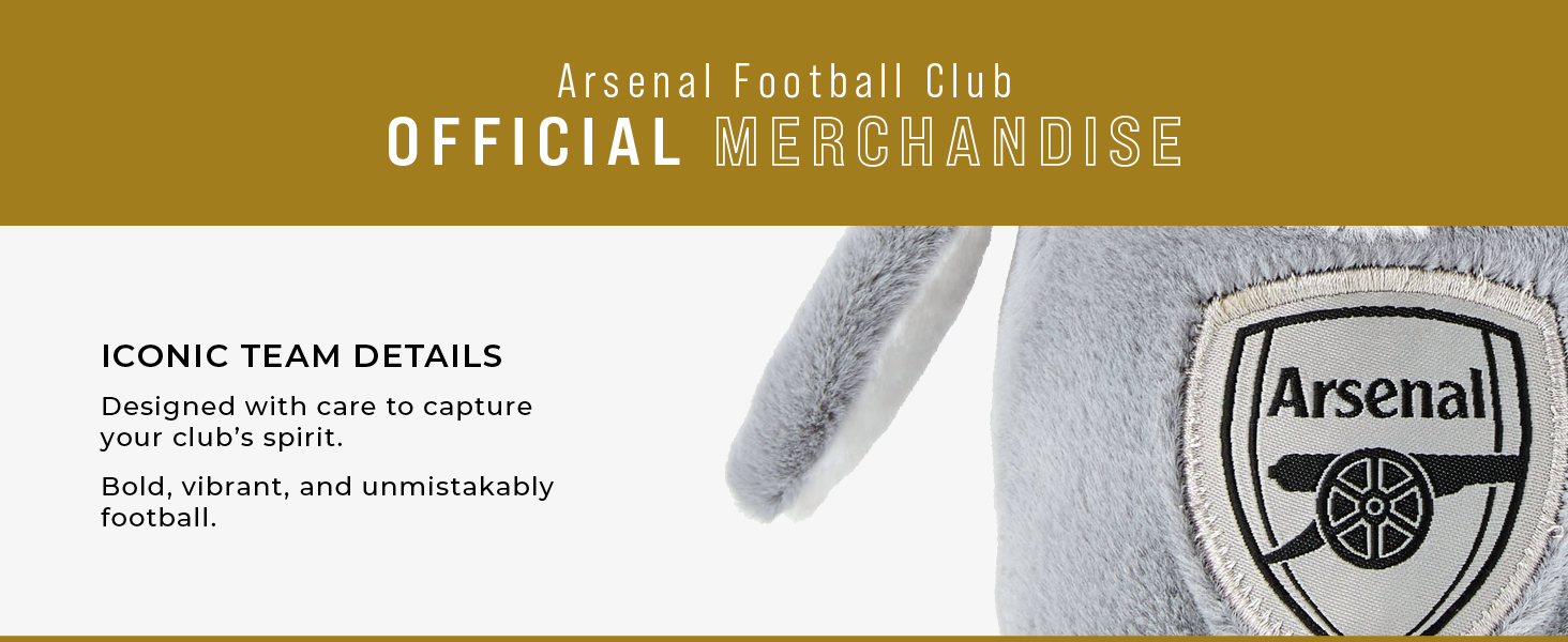 Arsenal Football Club official merchandise branding material showing team crest logo against gray background with gold banner header.