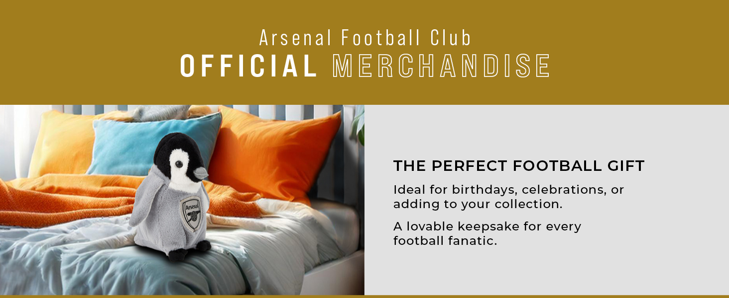 Arsenal Football Club official merchandise advertisement. Colorful pillows on a bed with text promoting a perfect football gift for celebrations or collections.