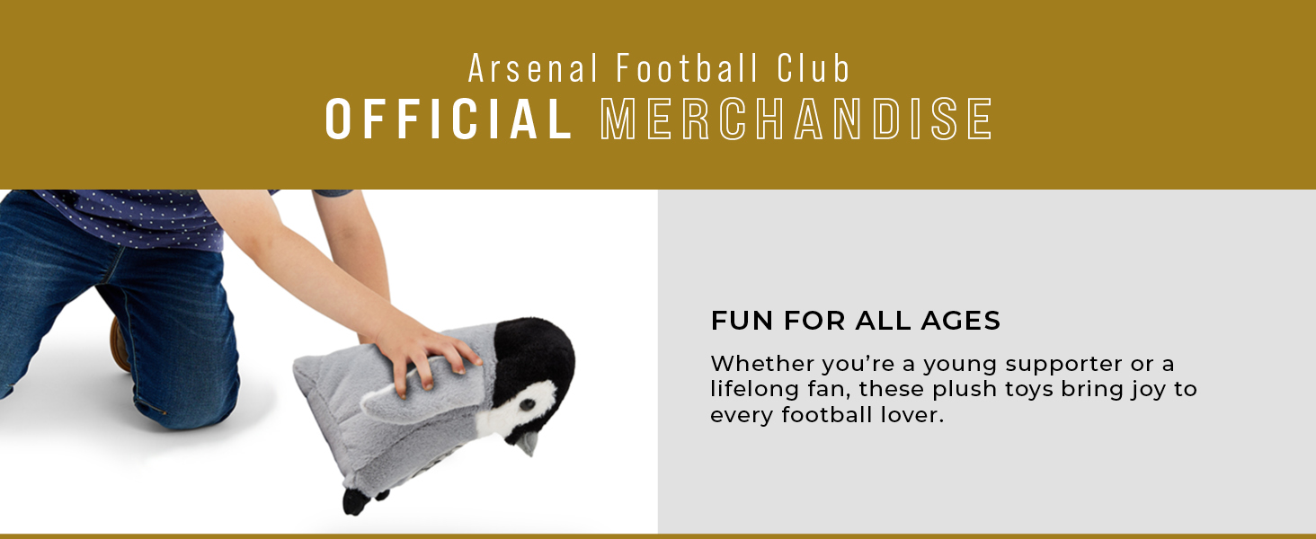 Arsenal Football Club official merchandise featuring a plush toy in the shape of a gray mouse or rat. Hands are shown interacting with the soft toy.