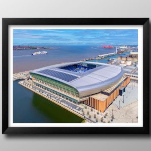 Everton Gifts, Bramley Moore Dock Stadium Framed Print. Football Club Memorabilia, The Toffees, Wall Art, River Mersey, Merseyside. (Black, 43cm x 33cm, Framed)
