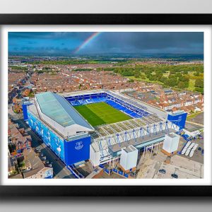 Everton Gifts, Goodison Park Stadium Framed Print. Rainbow over Merseyside. Memorabilia, Football Club, The Toffees. (Black Frame, 53cm x 43cm)