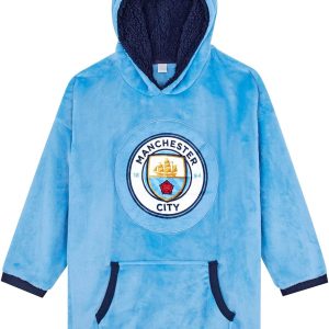 MANCHESTER CITY F.C. Boys Hoodie, Man City Oversized Hooded Lounge Gown Fleece Blanket, One Size Fits All Ages 7 to 13 Years Red