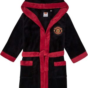 Manchester United Boys Dressing Gown Robe Hooded Fleece Kids OFFICIAL Football