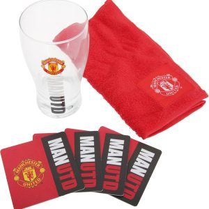 Manchester United FC Official Wordmark Mini Football Bar Set (Pint Glass, Towel & Beer Mats)