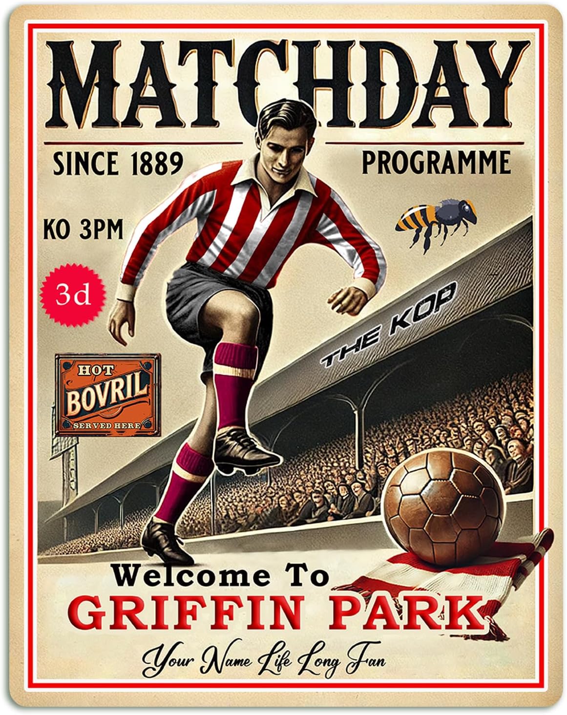 Personalised Brentford Football Metal Wall Sign, Match Day Programme, Vintage Club Retro Fan Plaque, Kick Off, Man Cave Home Bar Decor Dad Birthday Gift - PCS09