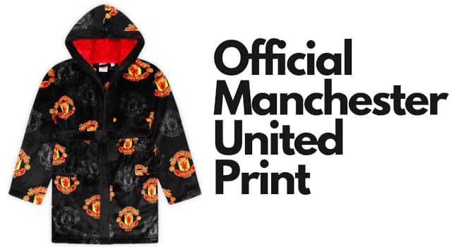 Black children's raincoat with repeated Manchester United logo pattern. Text reads 'Official Manchester United Print'.
