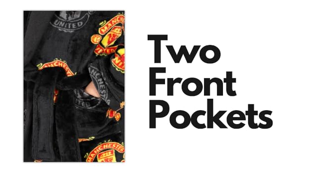 Close-up of black garment with colorful food-themed patches. Text highlights 'Two Front Pockets' feature of the clothing item.